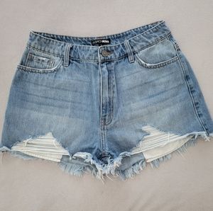 Fashion Nova Medium Wash, Distressed, High-Waisted Jean Shorts, Size Large